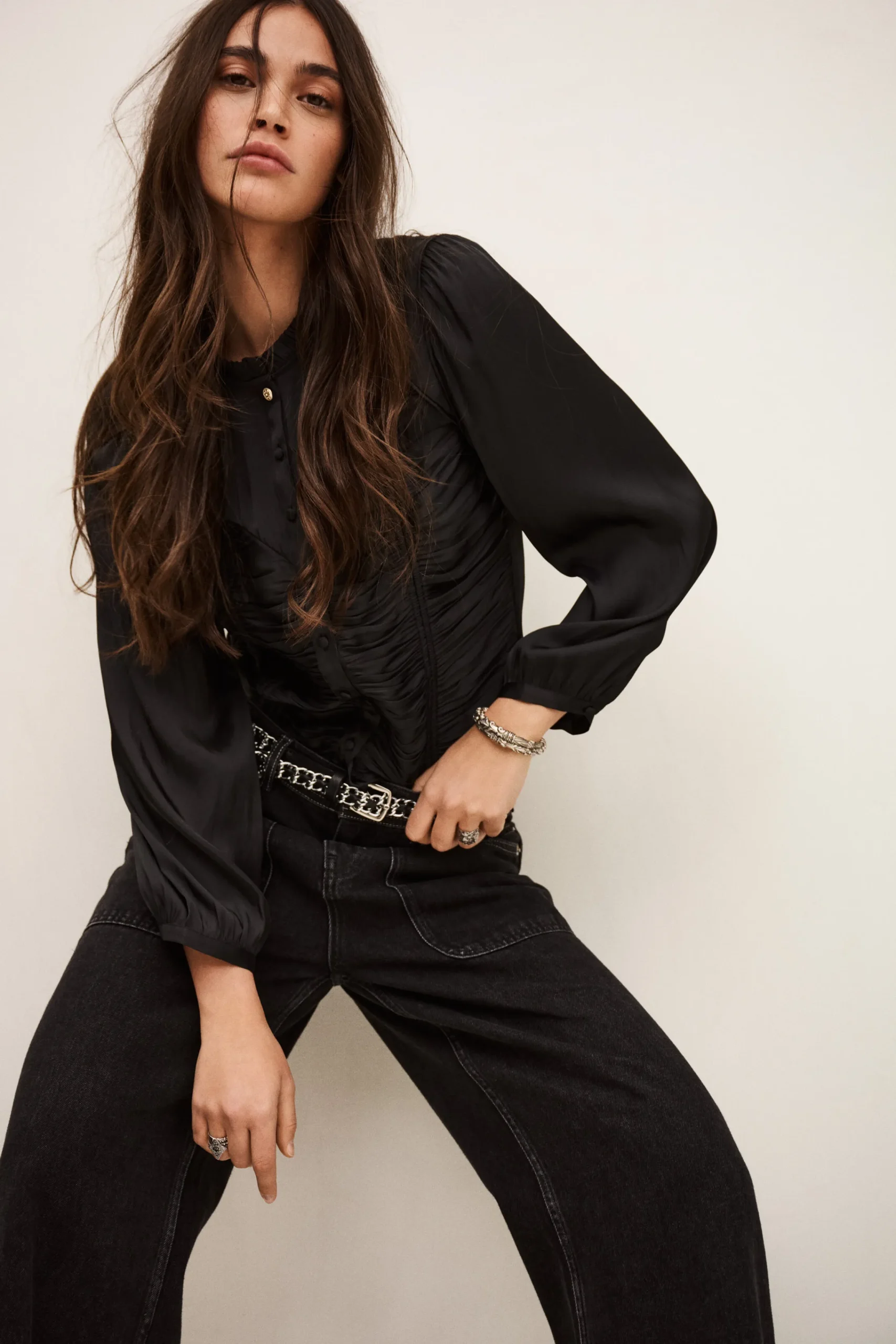 Ba&Sh CIMILA top satinado ajustado NEGRO New