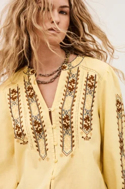 Ba&Sh FAUSTINA blusa bordada con mangas AMARILLO New