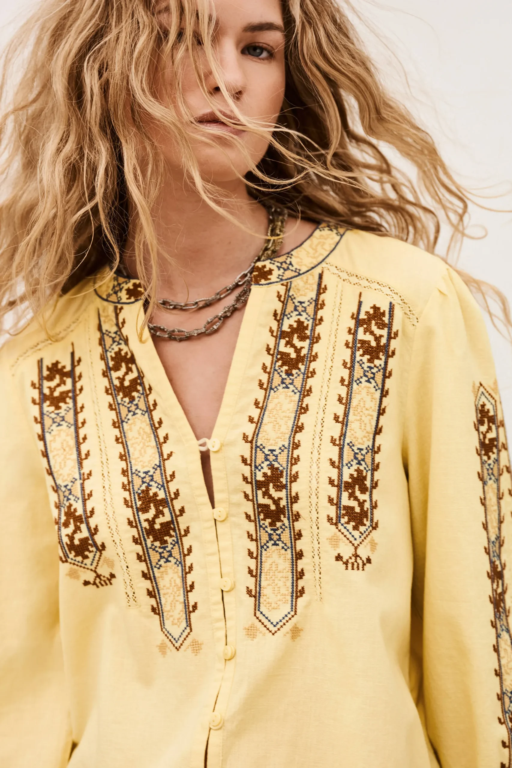 Ba&Sh FAUSTINA blusa bordada con mangas AMARILLO New