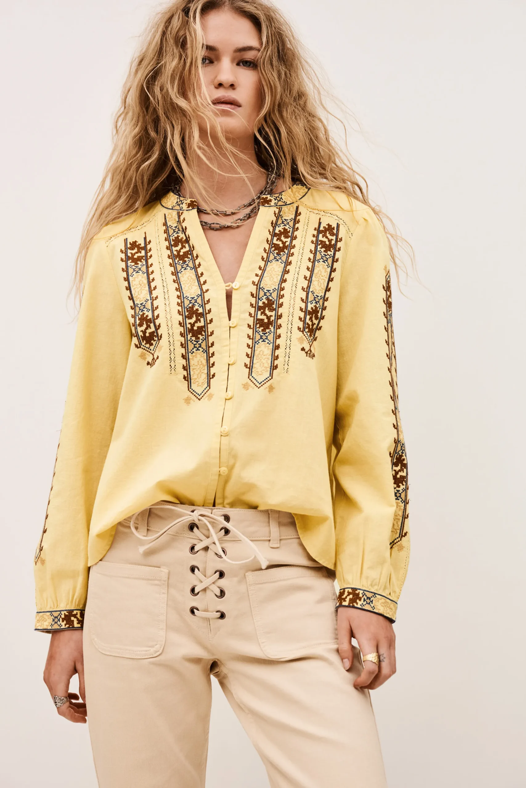 Ba&Sh FAUSTINA blusa bordada con mangas AMARILLO New