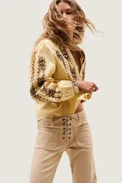 Ba&Sh FAUSTINA blusa bordada con mangas AMARILLO New
