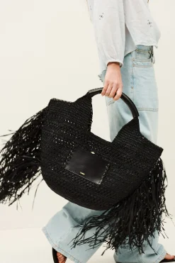 Ba&Sh ARA cesta de rafia con flecos NEGRO Discount